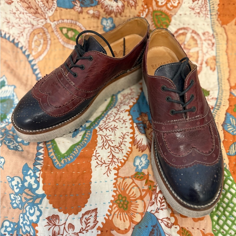 BED STU LEATHER PLATFORM OXFORDS - Burgundy and Navy